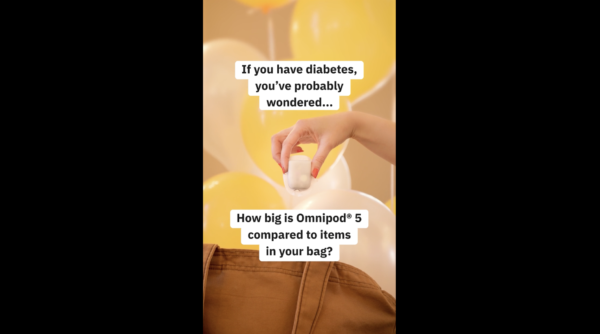 A hand holding a small device above an open bag, with text comparing its size to other items. Background has yellow and white balloons.